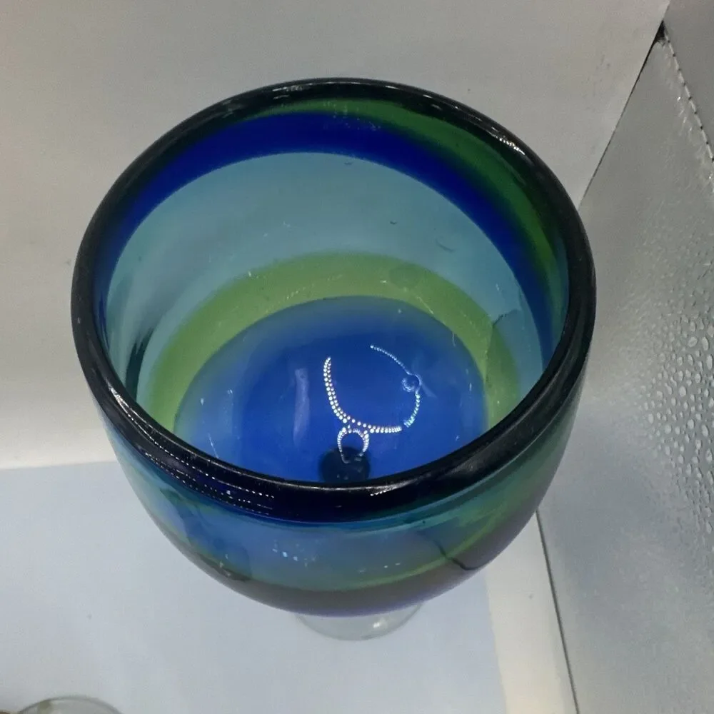 Jan Barboglio Hand Blown Swirl Wine Glasses Set of 3 Blue Green Clear
